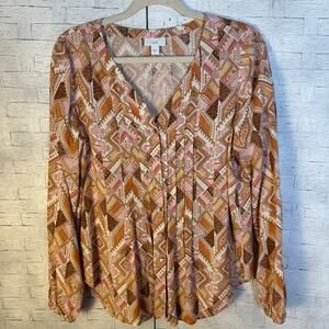 J Jill women’s blouse v neck button up pin tuck plate Bohemian hippie feminine ￼